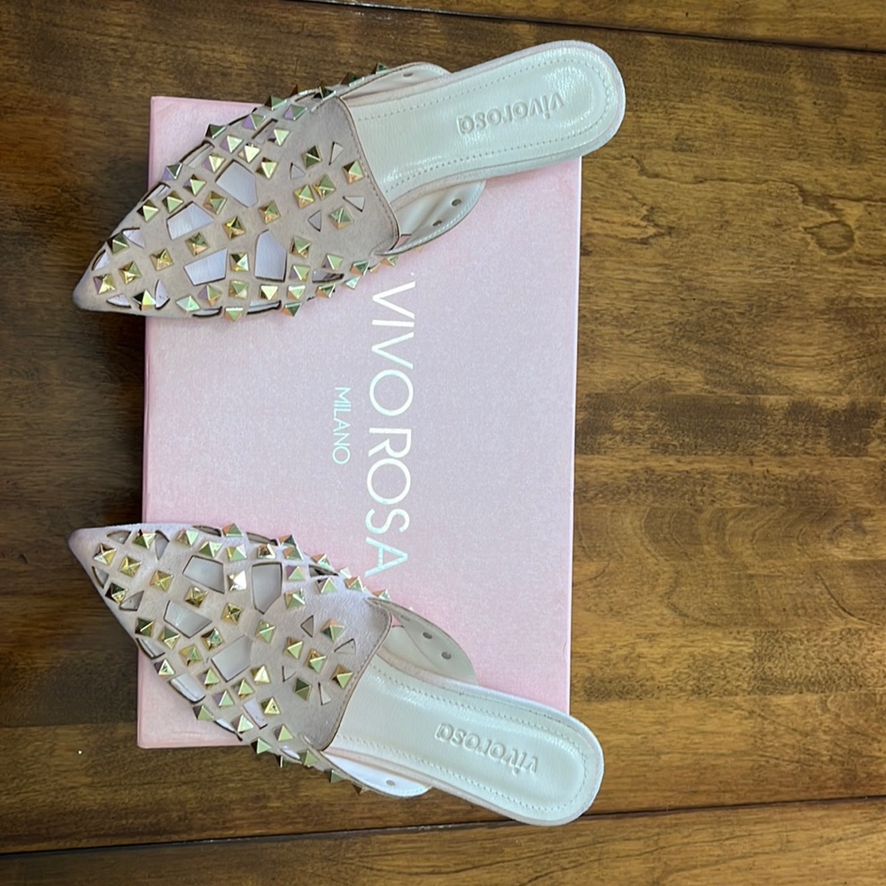 Vivorosa Milano soft pink, suade, with rose gold studs.